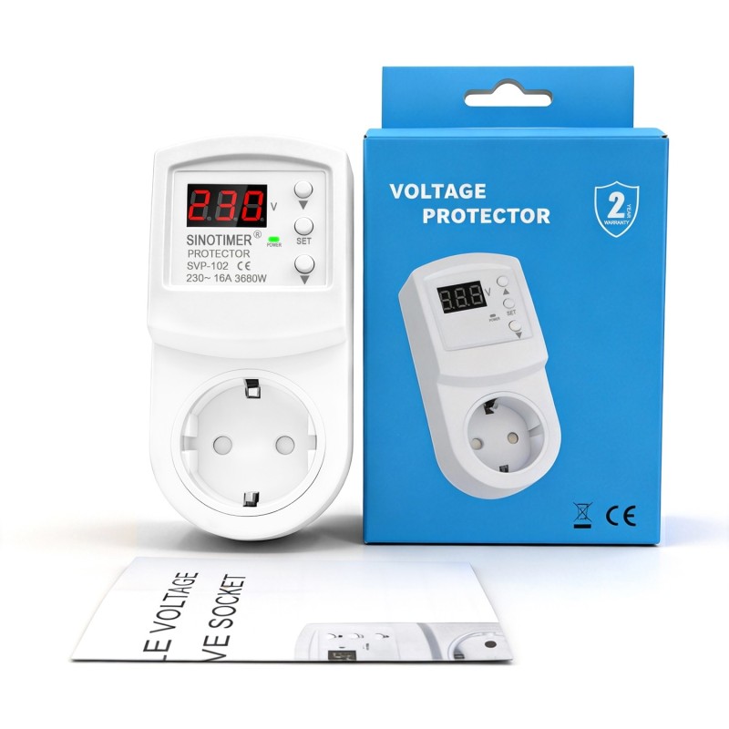 Priza inteligenta protectie tensiune SINOTIMER SVP-102, 230V, 16A, 3680W, display LED, reglaj automat supratensiune, subtensiune